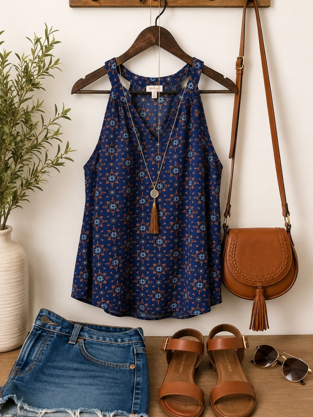 Pixley Small Navy Blue Orange Geometric Print Sleeveless Racerback Blouse